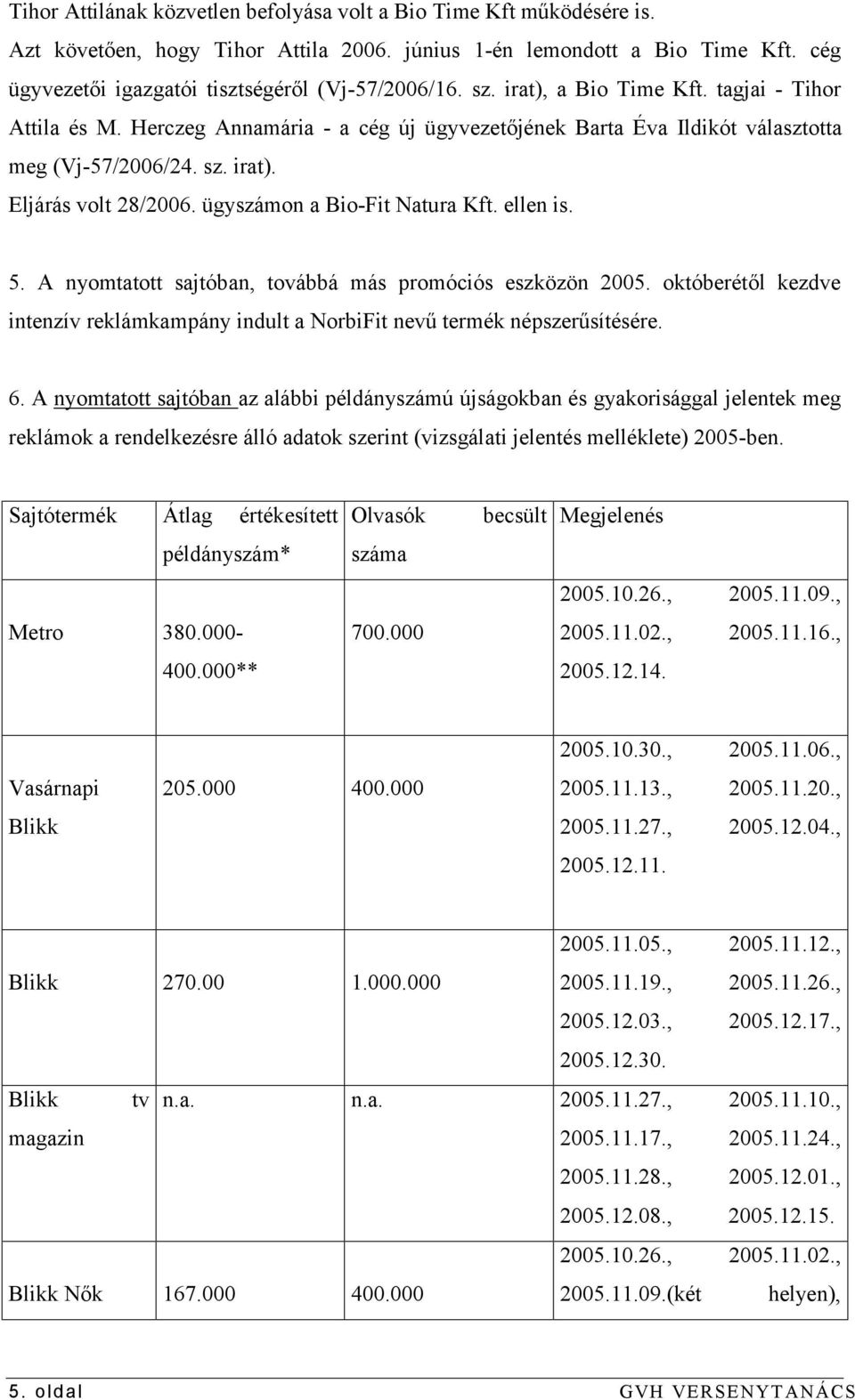 ügyszámon a Bio-Fit Natura Kft. ellen is. 5. A nyomtatott sajtóban, továbbá más promóciós eszközön 2005. októberétől kezdve intenzív reklámkampány indult a NorbiFit nevű termék népszerűsítésére. 6.