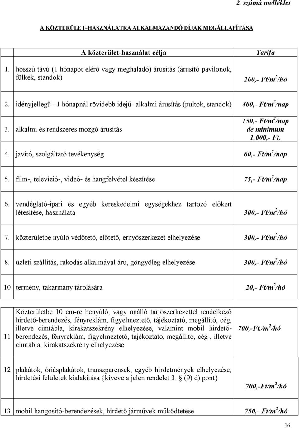 idényjellegű 1 hónapnál rövidebb idejű- alkalmi árusítás (pultok, standok) 400,- Ft/m 2 /nap 3. alkalmi és rendszeres mozgó árusítás 150,- Ft/m 2 /nap de minimum 1.000,- Ft. 4. javító, szolgáltató tevékenység 60,- Ft/m 2 /nap 5.