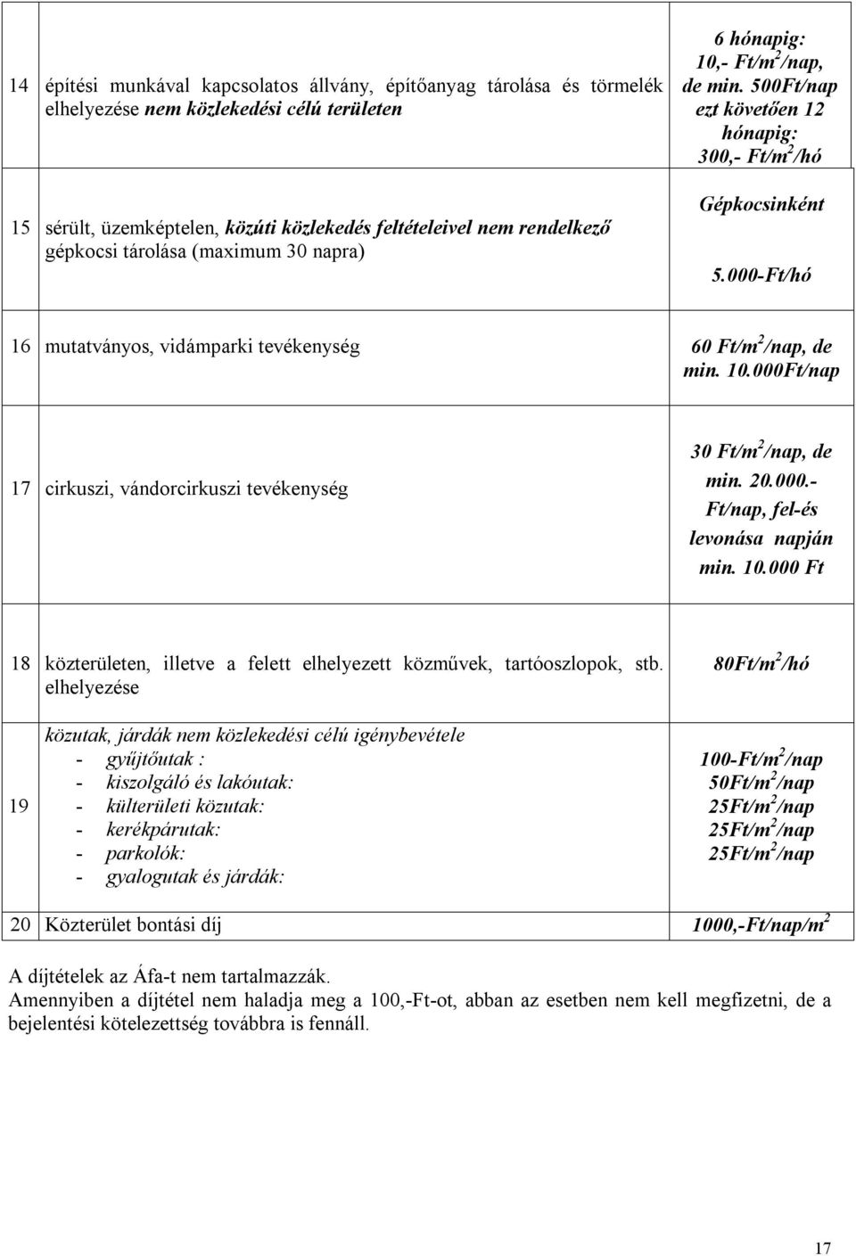 000-Ft/hó 16 mutatványos, vidámparki tevékenység 60 Ft/m 2 /nap, de min. 10.000Ft/nap 17 cirkuszi, vándorcirkuszi tevékenység 30 Ft/m 2 /nap, de min. 20.000.- Ft/nap, fel-és levonása napján min. 10.000 Ft 18 közterületen, illetve a felett elhelyezett közművek, tartóoszlopok, stb.
