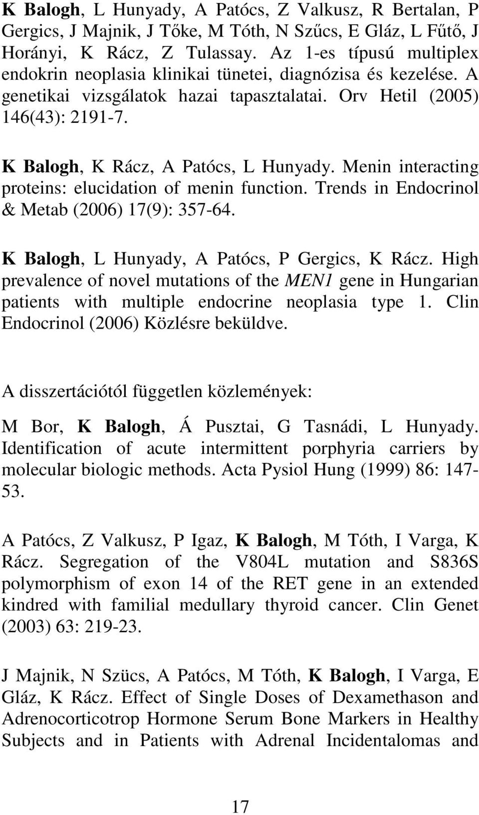 K Balogh, K Rácz, A Patócs, L Hunyady. Menin interacting proteins: elucidation of menin function. Trends in Endocrinol & Metab (2006) 17(9): 357-64. K Balogh, L Hunyady, A Patócs, P Gergics, K Rácz.