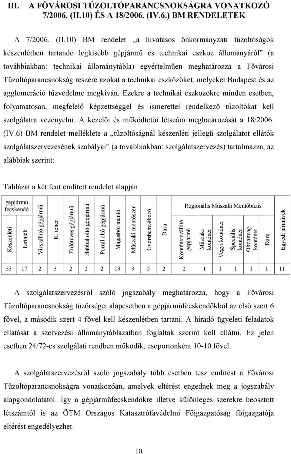 10) BM rendelet a hivatásos önkormányzati tőzoltóságok készenlétben tartandó legkisebb gépjármő és technikai eszköz állományáról (a továbbiakban: technikai állománytábla) egyértelmően meghatározza a