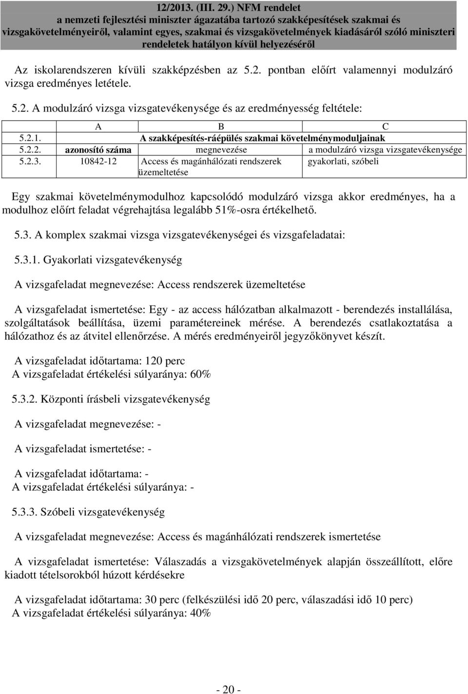 10842-12 Access és magánhálózati rendszerek üzemeltetése gyakorlati, szóbeli Egy szakmai követelménymodulhoz kapcsolódó modulzáró vizsga akkor eredményes, ha a modulhoz elıírt feladat végrehajtása