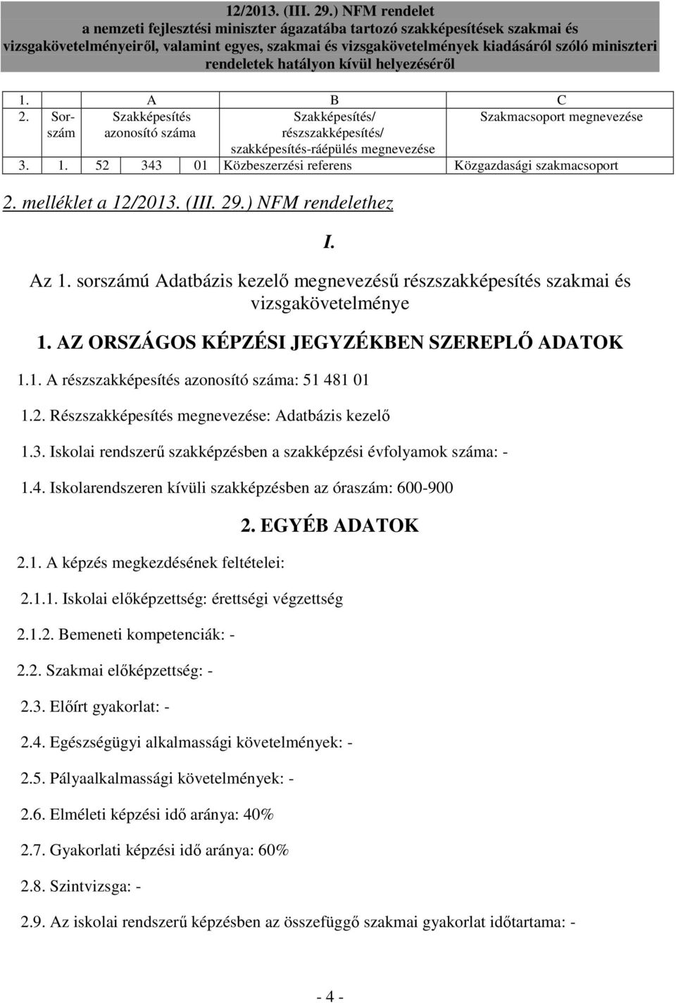 sorszámú Adatbázis kezelı megnevezéső részszakképesítés szakmai és vizsgakövetelménye 1. AZ ORSZÁGOS KÉPZÉSI JEGYZÉKBEN SZEREPLİ ADATOK 1.1. A részszakképesítés azonosító száma: 51 481 01 1.2.