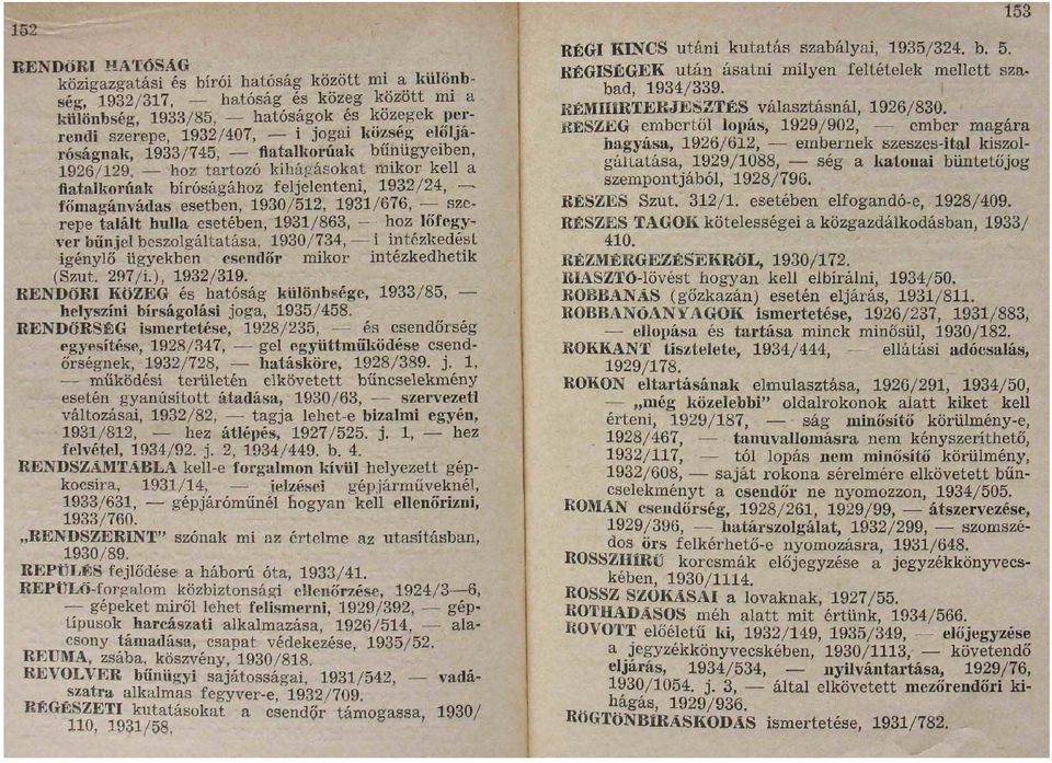 bíróságához feljelenteni, 1932/24, - főmagánvádas esetben, 1930/512, 1931/676, szerepe talált hulla esetében, 1931/863, hoz lőfegyver bűnjel beszolgáltatása.