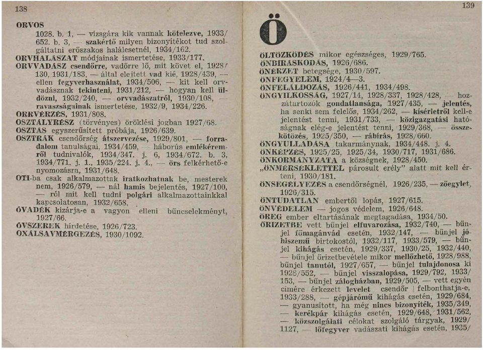 1932/240, orvvadászatról, 1930/108, ravaszságaínak ismertetése, 1932/9, 1934/226. ORRVÉRZÉS, 1931/808. OSZTÁLYRÉSZ (törvényes) öröklési jogiban 1927/68. OSZTÁS egyszerűsített próbája, 1926/639.