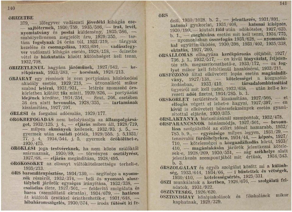 tenni, 1932/708. ÖKIZETLENÜL hagyása járóműnek, 1927/542, ke* rékpárnak, 1933/383, kocsinak, 1928/213.