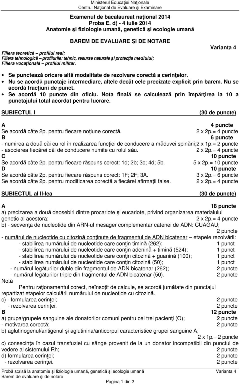 protecţia mediului; Filiera vocaţională profilul militar. Varianta 4 Se punctează oricare altă modalitate de rezolvare corectă a cerinţelor.