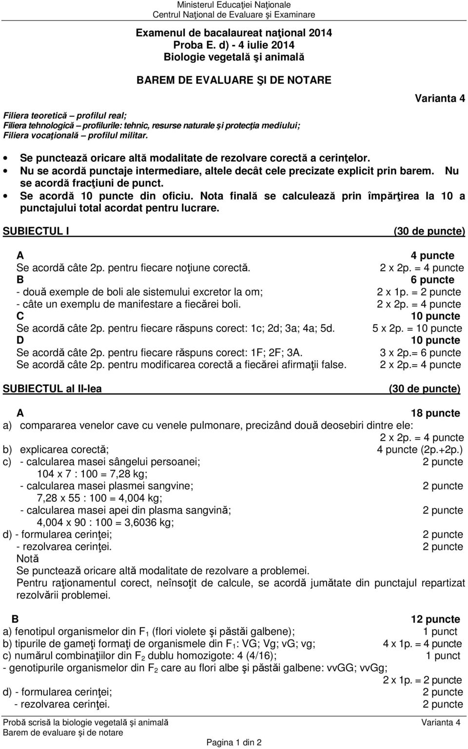 vocaţională profilul militar. Varianta 4 Se punctează oricare altă modalitate de rezolvare corectă a cerinţelor. Nu se acordă punctaje intermediare, altele decât cele precizate explicit prin barem.