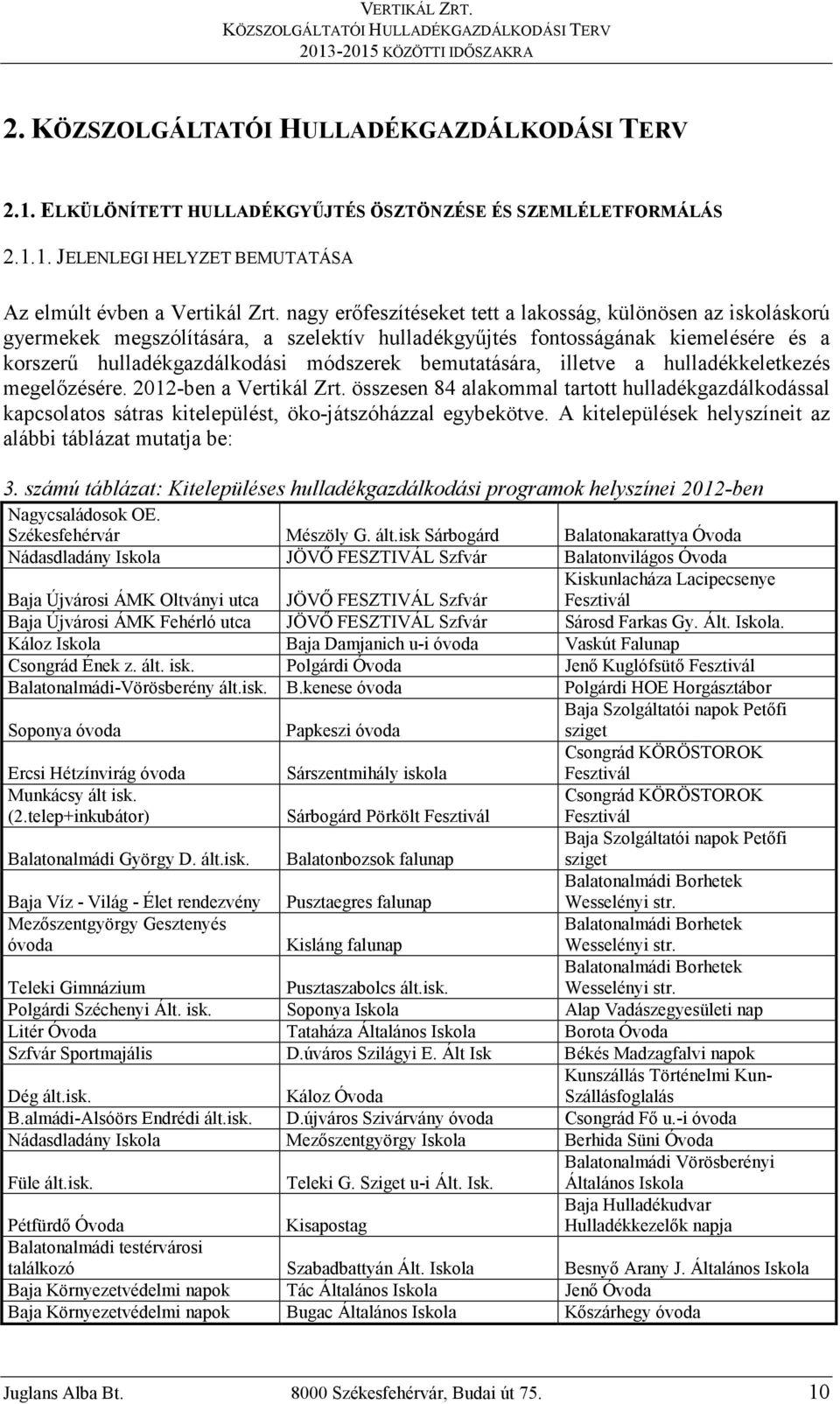 bemutatására, illetve a hulladékkeletkezés megelızésére. 2012-ben a Vertikál Zrt. összesen 84 alakommal tartott hulladékgazdálkodással kapcsolatos sátras kitelepülést, öko-játszóházzal egybekötve.