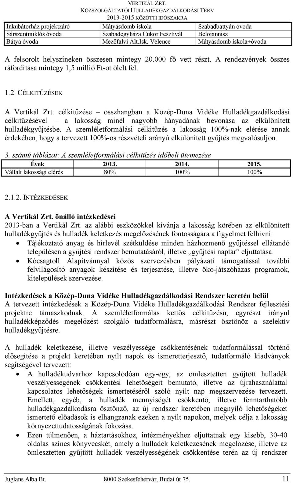 célkitőzése összhangban a Közép-Duna Vidéke Hulladékgazdálkodási célkitőzésével a lakosság minél nagyobb hányadának bevonása az elkülönített hulladékgyőjtésbe.