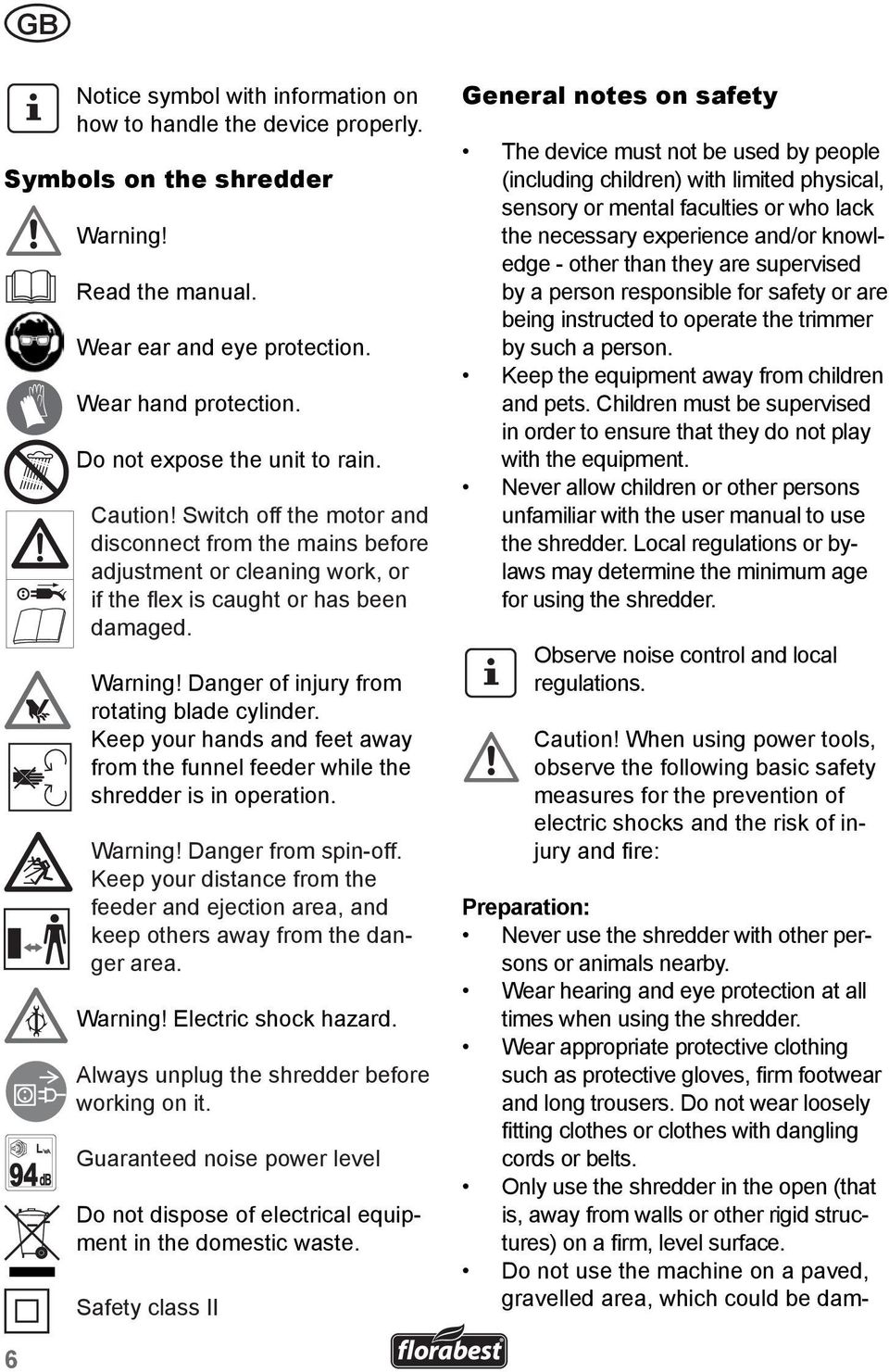 Danger of injury from rotating blade cylinder. Keep your hands and feet away from the funnel feeder while the shredder is in operation. Warning! Danger from spin-off.