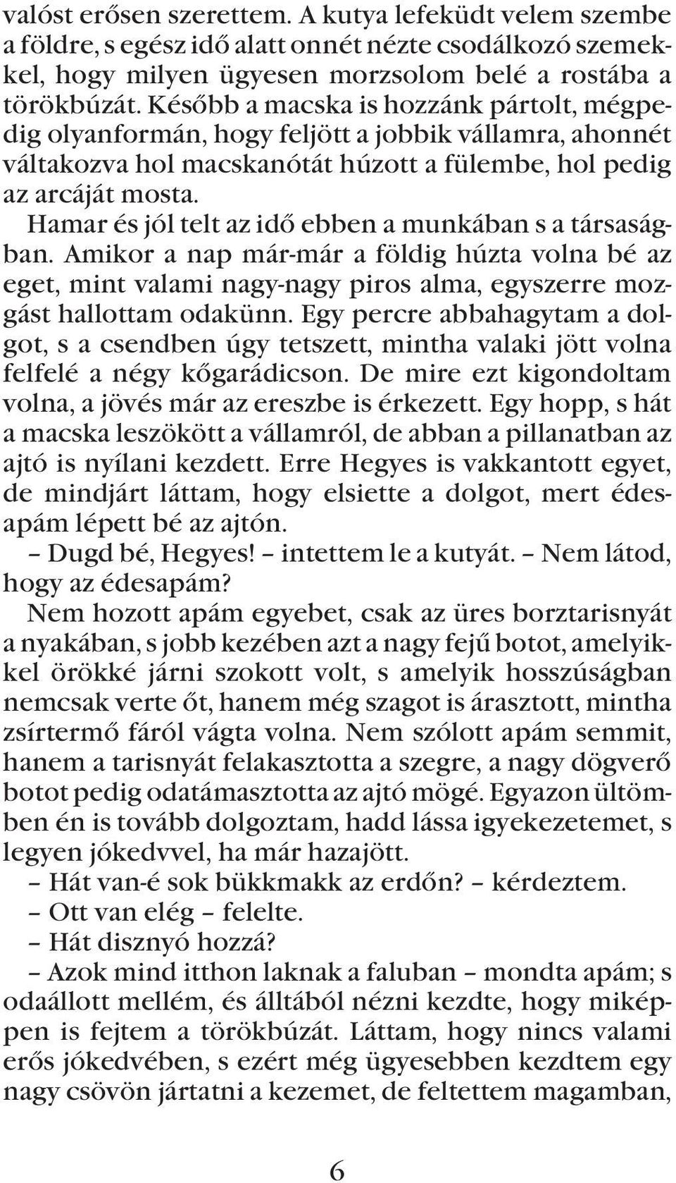 Hamar és jól telt az idõ ebben a munkában s a társaságban. Amikor a nap már-már a földig húzta volna bé az eget, mint valami nagy-nagy piros alma, egyszerre mozgást hallottam odakünn.