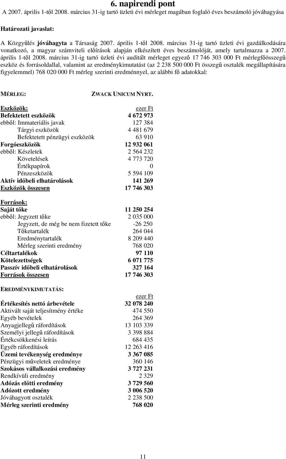 március 31-ig tartó üzleti évi auditált mérleget egyez 17 746 303 000 Ft mérlegfösszeg eszköz és forrásoldallal, valamint az eredménykimutatást (az 2 238 500 000 Ft összeg osztalék megállapítására