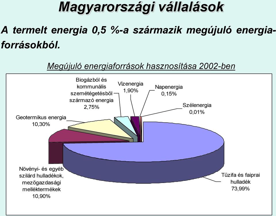 kommunális szemétégetésből származó energia 2,75% Vízenergia 1,90% Napenergia 0,15% Szélenergia