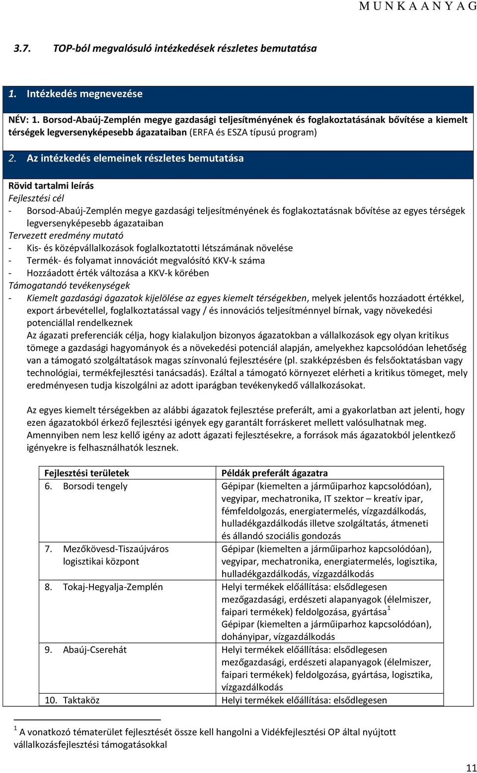 Az intézkedés elemeinek részletes bemutatása Rövid tartalmi leírás Fejlesztési cél - Brsd-Abaúj-Zemplén megye gazdasági teljesítményének és fglakztatásnak bővítése az egyes térségek