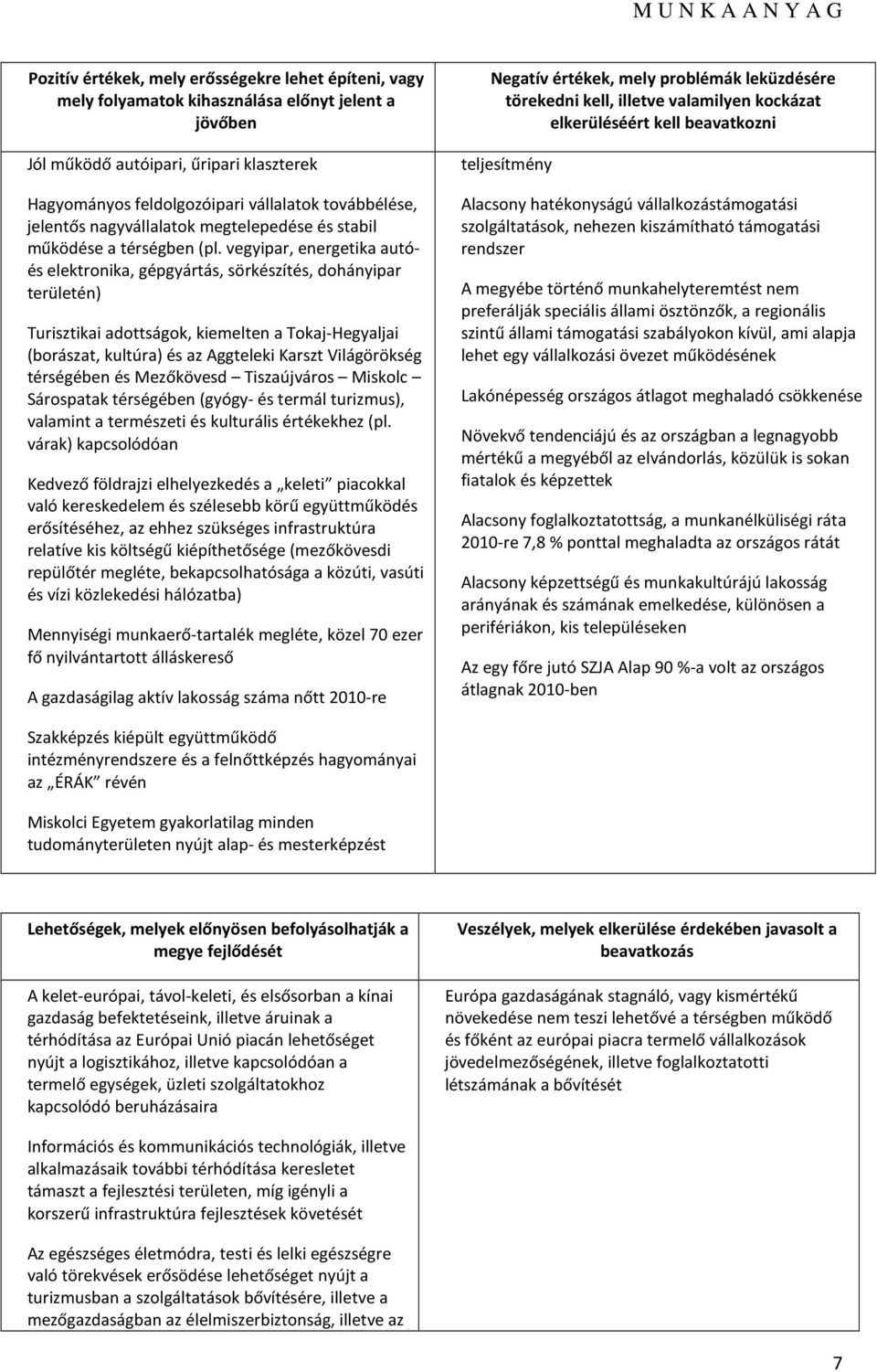 vegyipar, energetika autóés elektrnika, gépgyártás, sörkészítés, dhányipar területén) Turisztikai adttságk, kiemelten a Tkaj-Hegyaljai (brászat, kultúra) és az Aggteleki Karszt Világörökség