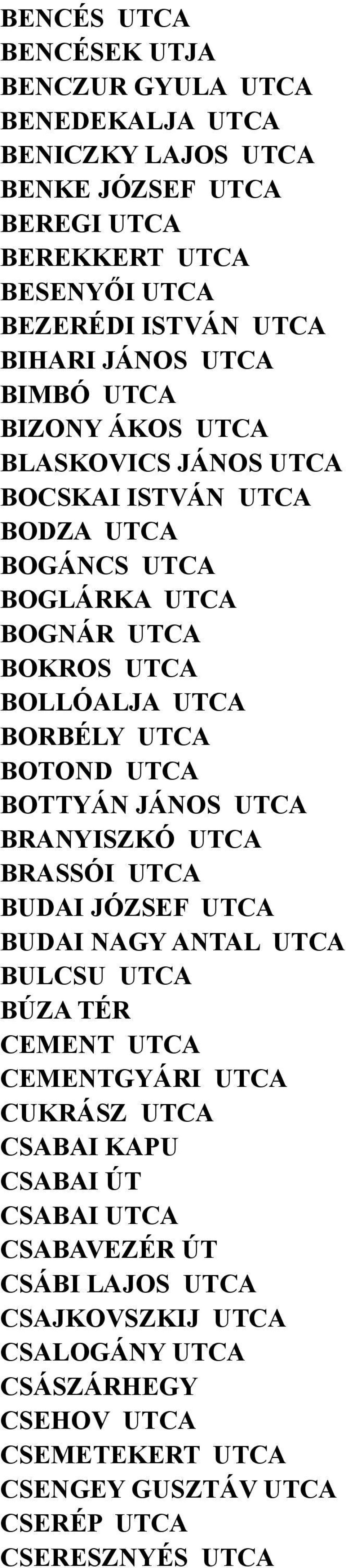 BOTOND UTCA BOTTYÁN JÁNOS UTCA BRANYISZKÓ UTCA BRASSÓI UTCA BUDAI JÓZSEF UTCA BUDAI NAGY ANTAL UTCA BULCSU UTCA BÚZA TÉR CEMENT UTCA CEMENTGYÁRI UTCA CUKRÁSZ UTCA CSABAI