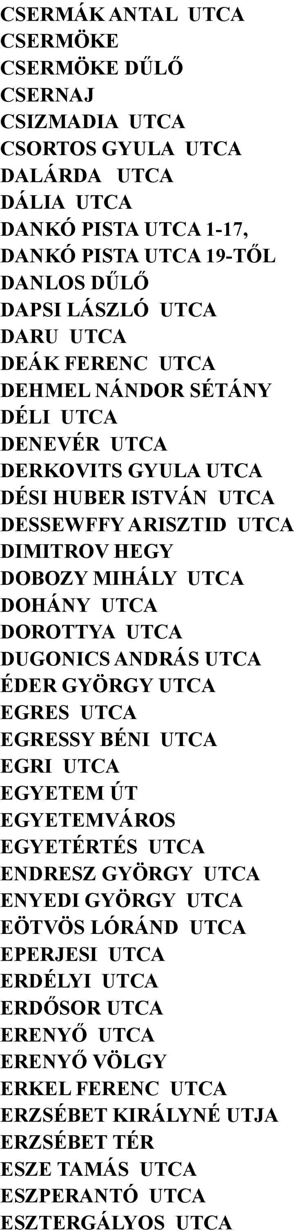 DOHÁNY UTCA DOROTTYA UTCA DUGONICS ANDRÁS UTCA ÉDER GYÖRGY UTCA EGRES UTCA EGRESSY BÉNI UTCA EGRI UTCA EGYETEM ÚT EGYETEMVÁROS EGYETÉRTÉS UTCA ENDRESZ GYÖRGY UTCA ENYEDI GYÖRGY UTCA