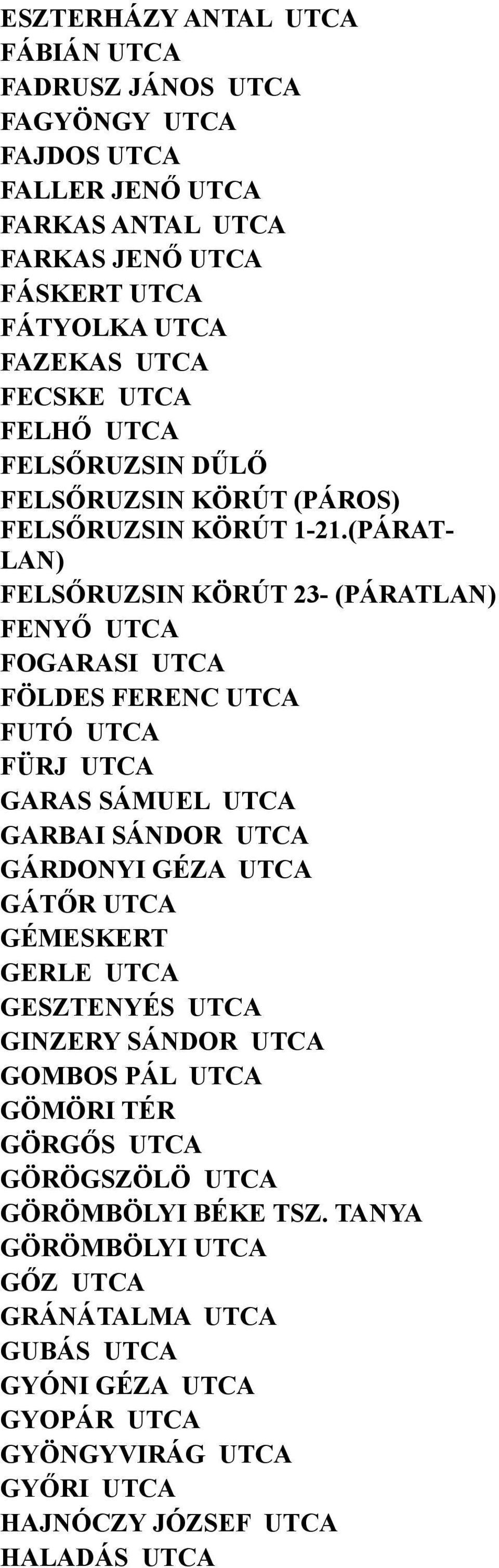 (PÁRAT- LAN) FELSŐRUZSIN KÖRÚT 23- (PÁRATLAN) FENYŐ UTCA FOGARASI UTCA FÖLDES FERENC UTCA FUTÓ UTCA FÜRJ UTCA GARAS SÁMUEL UTCA GARBAI SÁNDOR UTCA GÁRDONYI GÉZA UTCA GÁTŐR UTCA