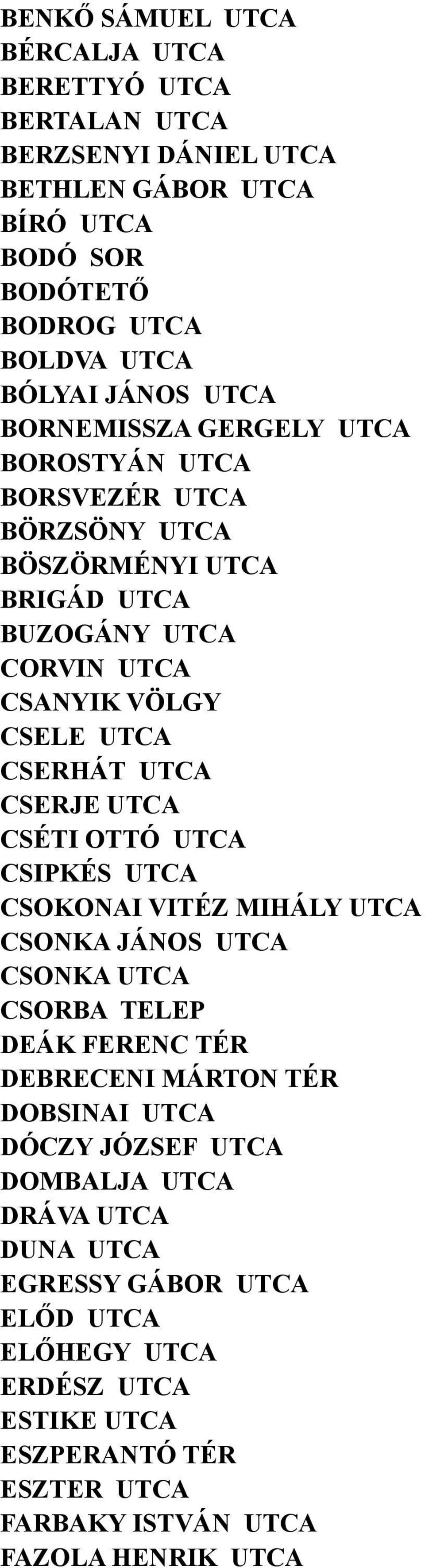 CSERJE UTCA CSÉTI OTTÓ UTCA CSIPKÉS UTCA CSOKONAI VITÉZ MIHÁLY UTCA CSONKA JÁNOS UTCA CSONKA UTCA CSORBA TELEP DEÁK FERENC TÉR DEBRECENI MÁRTON TÉR DOBSINAI UTCA DÓCZY