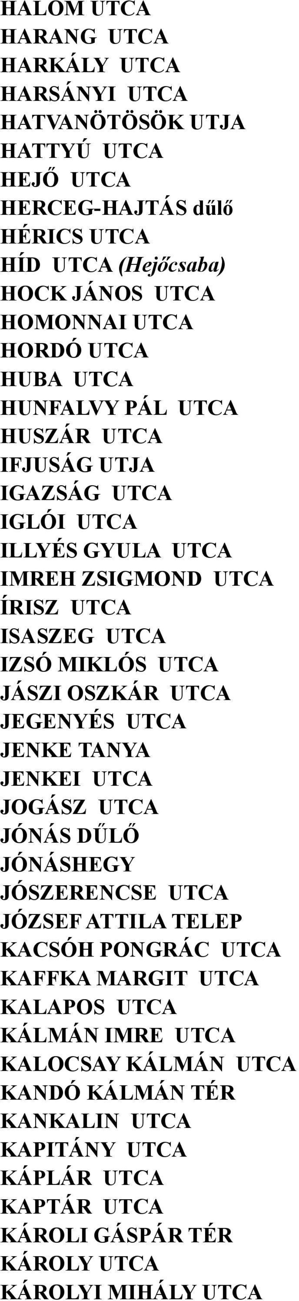 UTCA JÁSZI OSZKÁR UTCA JEGENYÉS UTCA JENKE TANYA JENKEI UTCA JOGÁSZ UTCA JÓNÁS DŰLŐ JÓNÁSHEGY JÓSZERENCSE UTCA JÓZSEF ATTILA TELEP KACSÓH PONGRÁC UTCA KAFFKA MARGIT