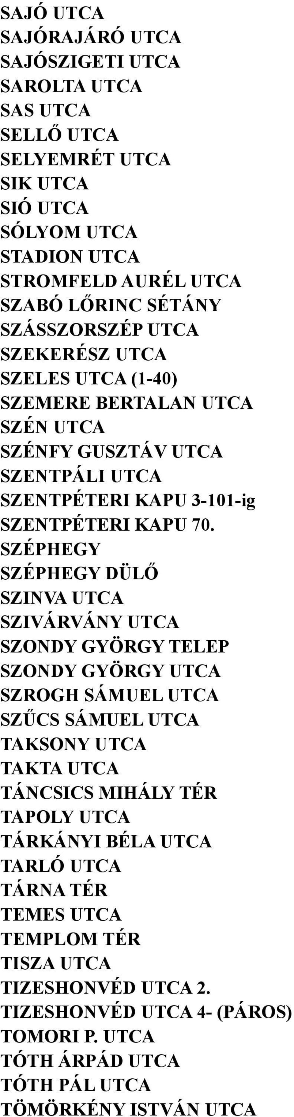 SZÉPHEGY SZÉPHEGY DÜLŐ SZINVA UTCA SZIVÁRVÁNY UTCA SZONDY GYÖRGY TELEP SZONDY GYÖRGY UTCA SZROGH SÁMUEL UTCA SZŰCS SÁMUEL UTCA TAKSONY UTCA TAKTA UTCA TÁNCSICS MIHÁLY TÉR TAPOLY