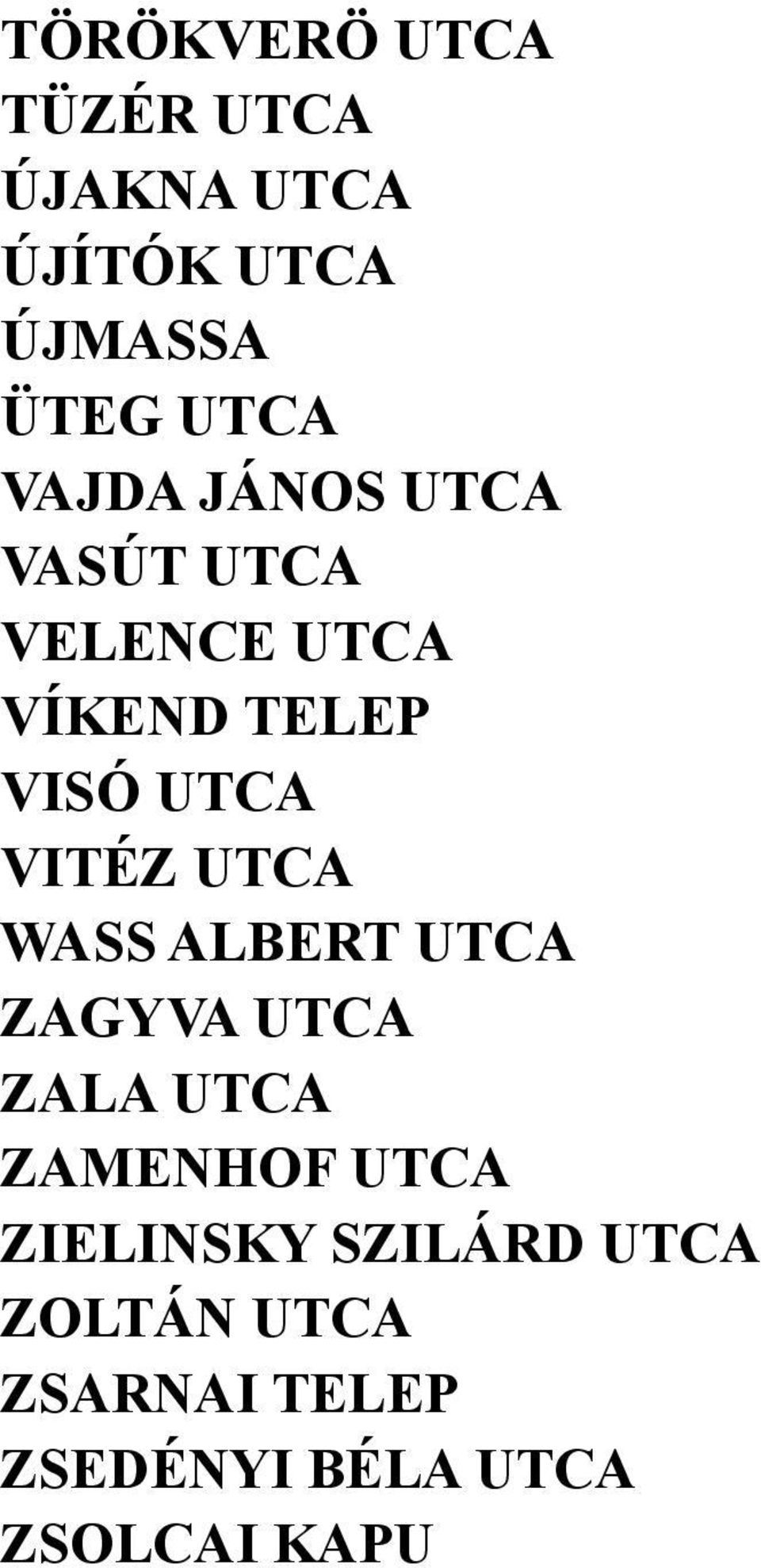 VITÉZ UTCA WASS ALBERT UTCA ZAGYVA UTCA ZALA UTCA ZAMENHOF UTCA