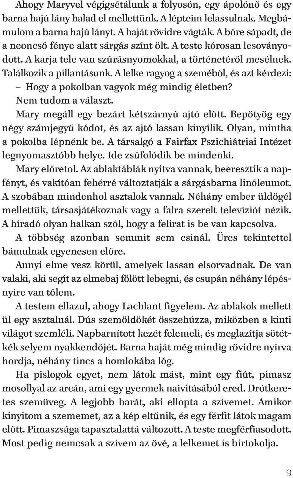 A lelke ragyog a szeméből, és azt kérdezi: Hogy a pokolban vagyok még mindig életben? Nem tudom a választ. Mary megáll egy bezárt kétszárnyú ajtó előtt.