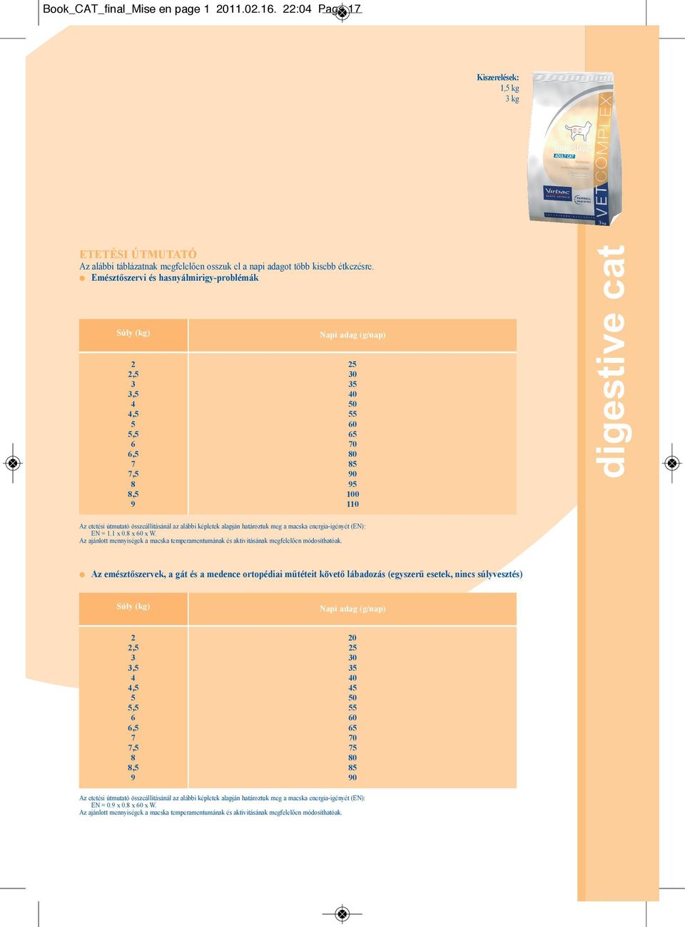 energia-igényét (EN): EN = 1.1 x 0. x x W. Az ajánlott mennyiségek a macska temperamentumának és aktivitásának megfelelően módosíthatóak.