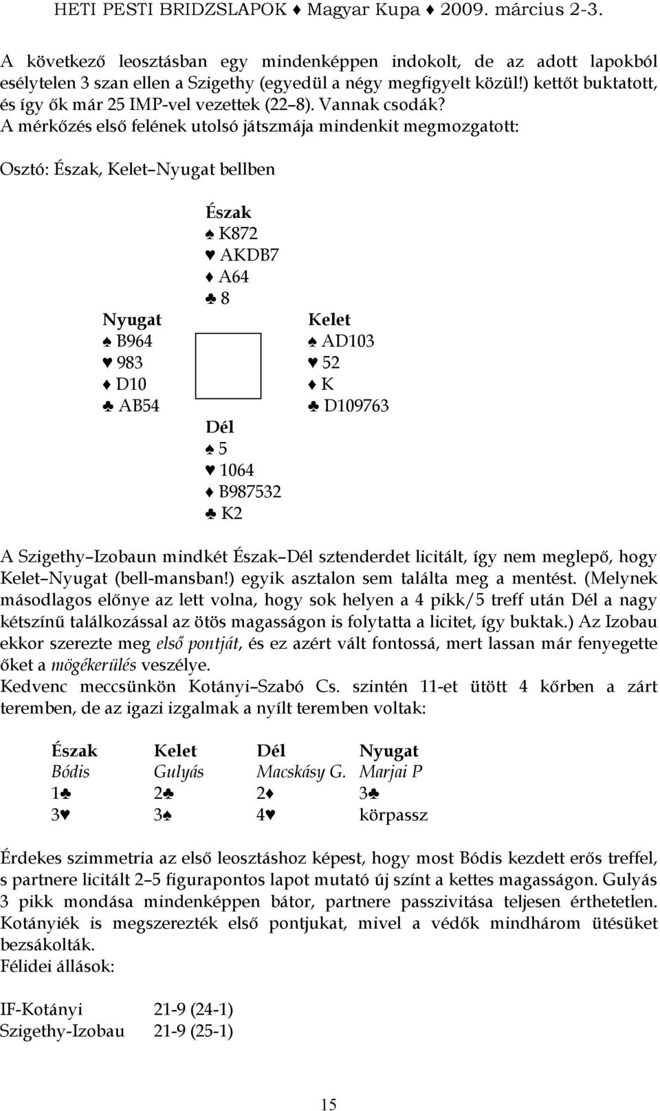 A mérkızés elsı felének utolsó játszmája mindenkit megmozgatott: Osztó:, bellben K872 AKDB7 A64 8 B964 AD103 983 52 D10 K AB54 D109763 5 1064 B987532 K2 A Szigethy Izobaun mindkét sztenderdet