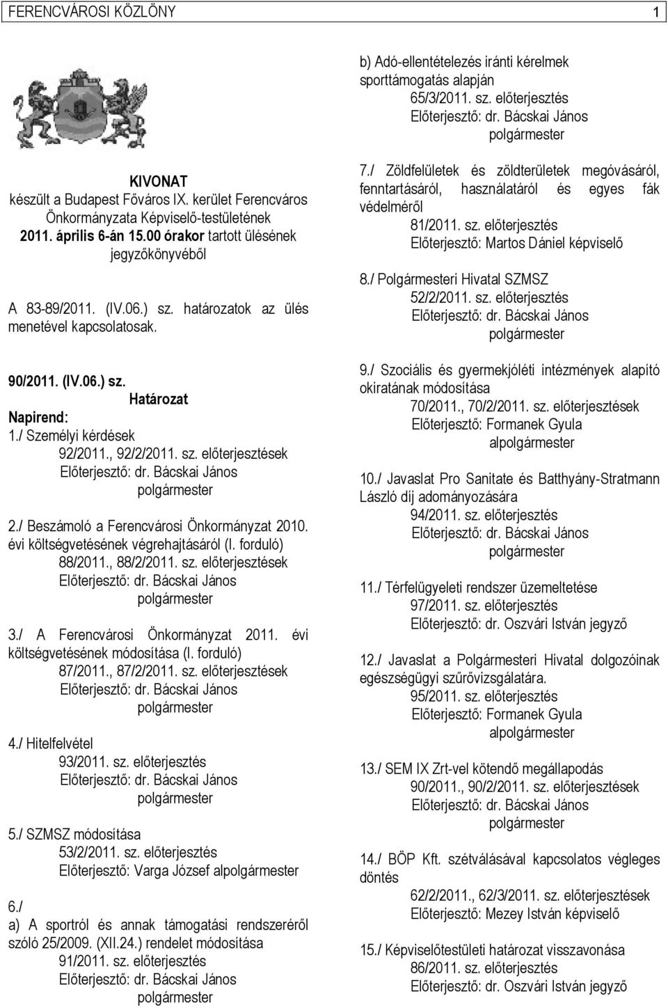 / Beszámoló a Ferencvárosi Önkormányzat 2010. évi költségvetésének végrehajtásáról (I. forduló) 88/2011., 88/2/2011. sz. előterjesztések 3./ A Ferencvárosi Önkormányzat 2011.