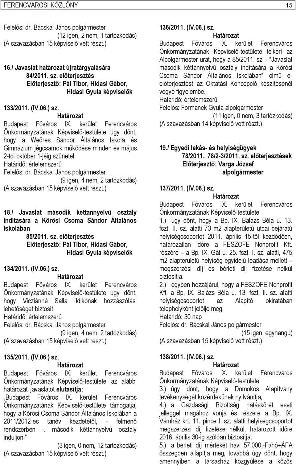 (9 igen, 4 nem, 2 tartózkodás) 18./ Javaslat második kéttannyelvű osztály indítására a Körősi Csoma Sándor Általános Iskolában 85/2011. sz.