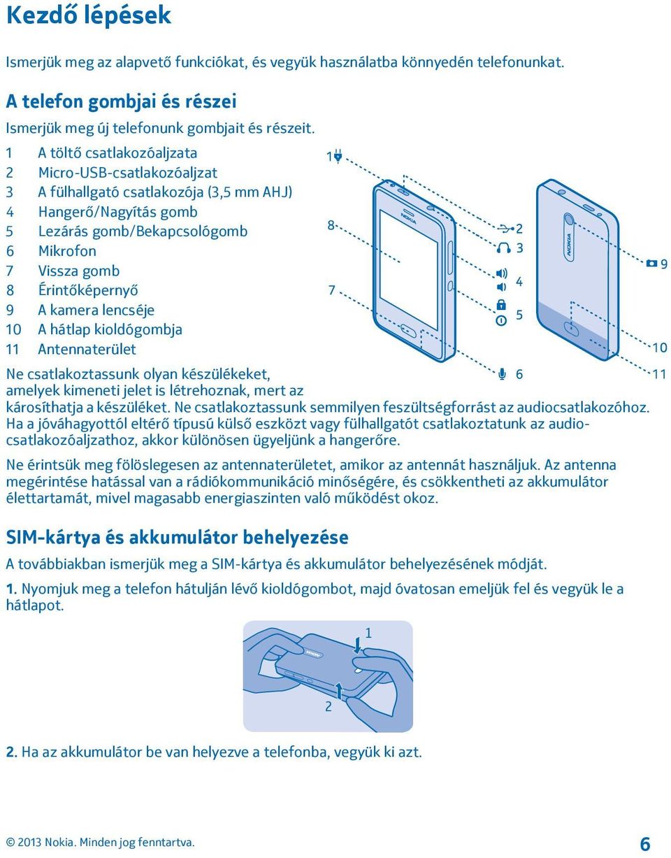 kamera lencséje 10 A hátlap kioldógombja 11 Antennaterület Ne csatlakoztassunk olyan készülékeket, amelyek kimeneti jelet is létrehoznak, mert az károsíthatja a készüléket.