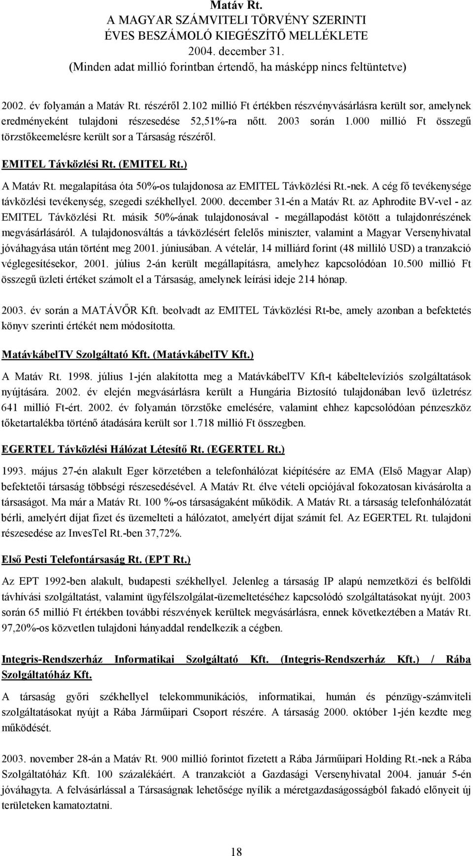 A cég fő tevékenysége távközlési tevékenység, szegedi székhellyel. 2000. december 31-én a Matáv Rt. az Aphrodite BV-vel - az EMITEL Távközlési Rt.