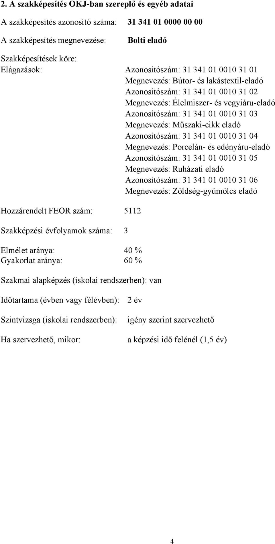 eladó Azonosítószám: 31 341 01 0010 31 04 Megnevezés: Porcelán- és edényáru-eladó Azonosítószám: 31 341 01 0010 31 05 Megnevezés: Ruházati eladó Azonosítószám: 31 341 01 0010 31 06 Megnevezés: