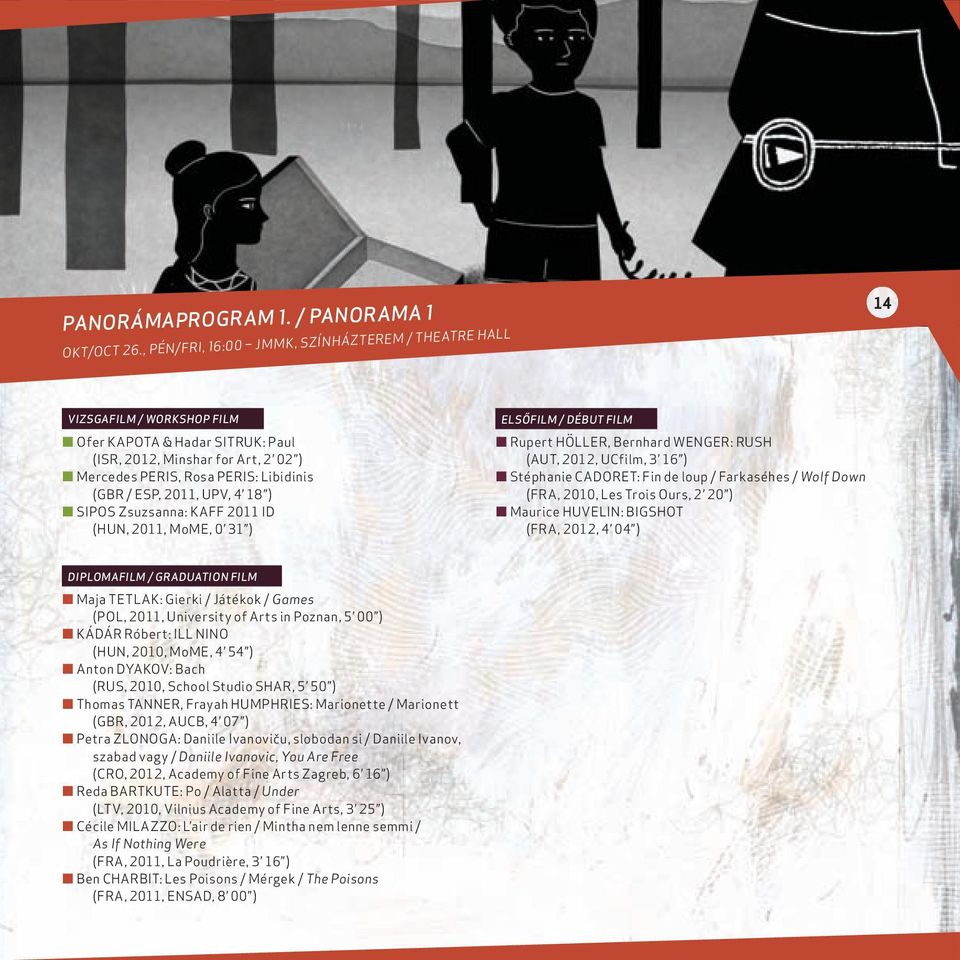 2011, UPV, 4 18 ) SIPOS Zsuzsanna: KAFF 2011 ID (HUN, 2011, MoME, 0 31 ) ELSŐFILM / DÉBUT FILM Rupert HÖLLER, Bernhard WENGER: RUSH (AUT, 2012, UCfilm, 3 16 ) Stéphanie CADORET: Fin de loup /