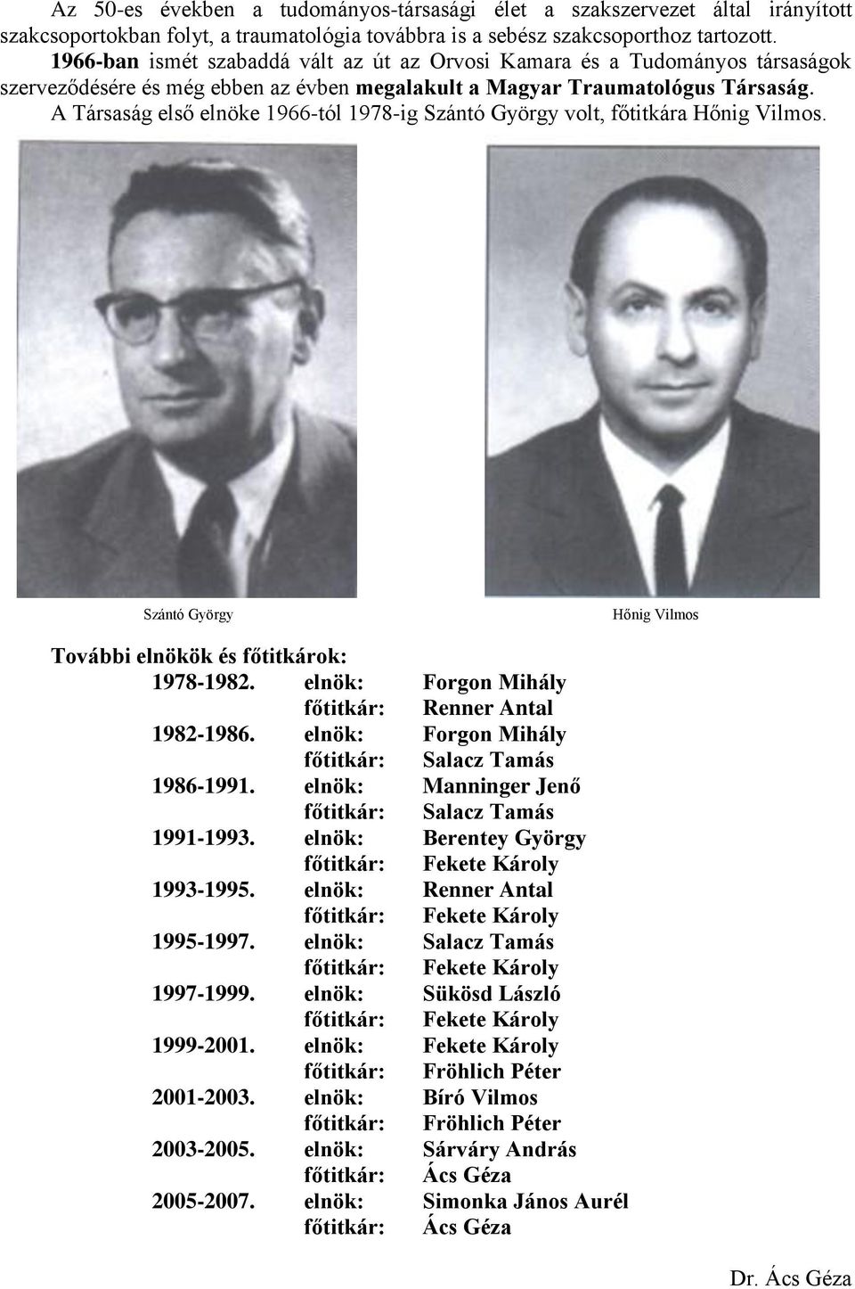 A Társaság első elnöke 1966-tól 1978-ig Szántó György volt, főtitkára Hőnig Vilmos. Szántó György Hőnig Vilmos További elnökök és főtitkárok: 1978-1982.
