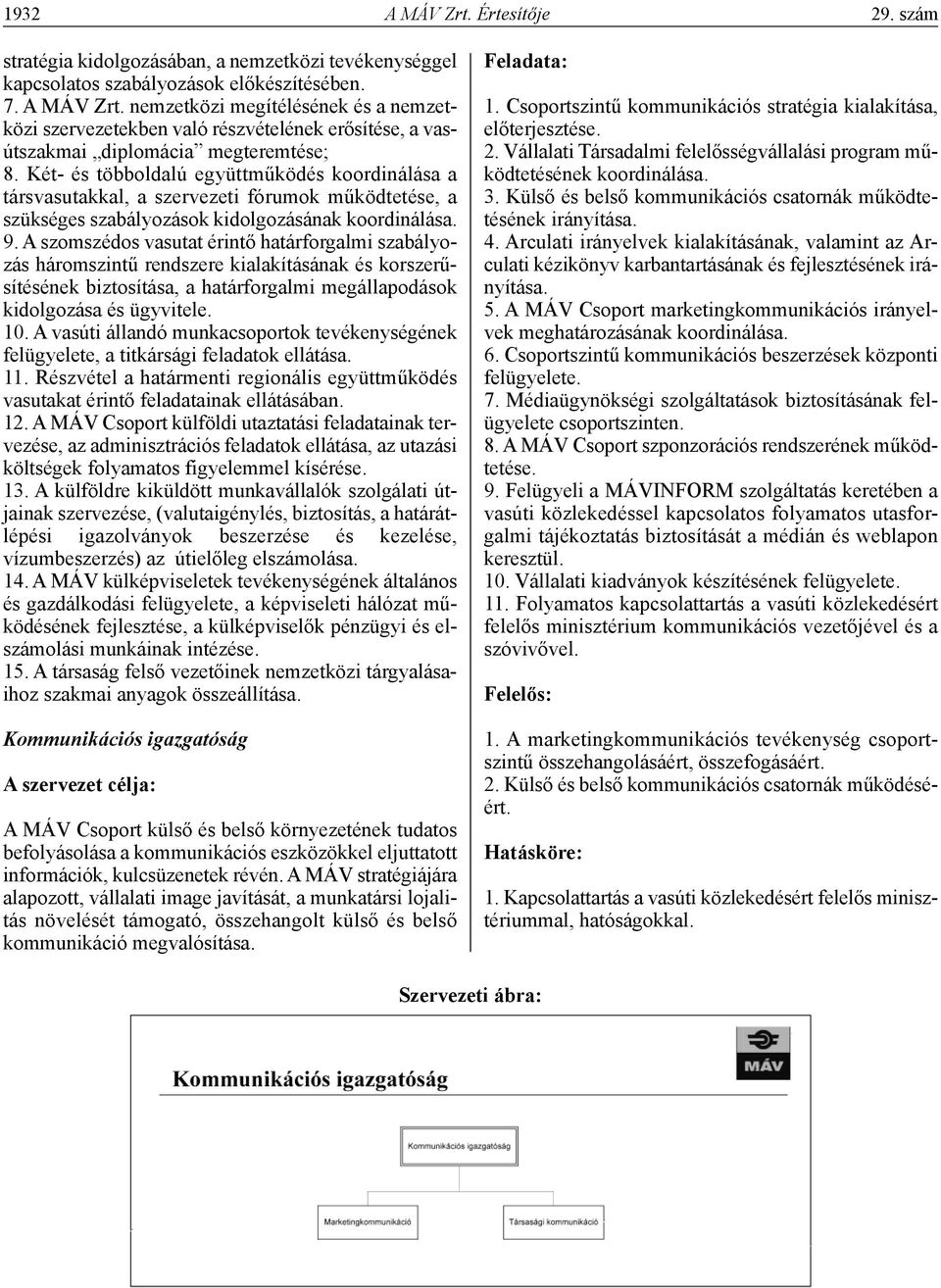 A szomszédos vasutat érintő határforgalmi szabályozás háromszintű rendszere kialakításának és korszerűsítésének biztosítása, a határforgalmi megállapodások kidolgozása és ügyvitele. 10.