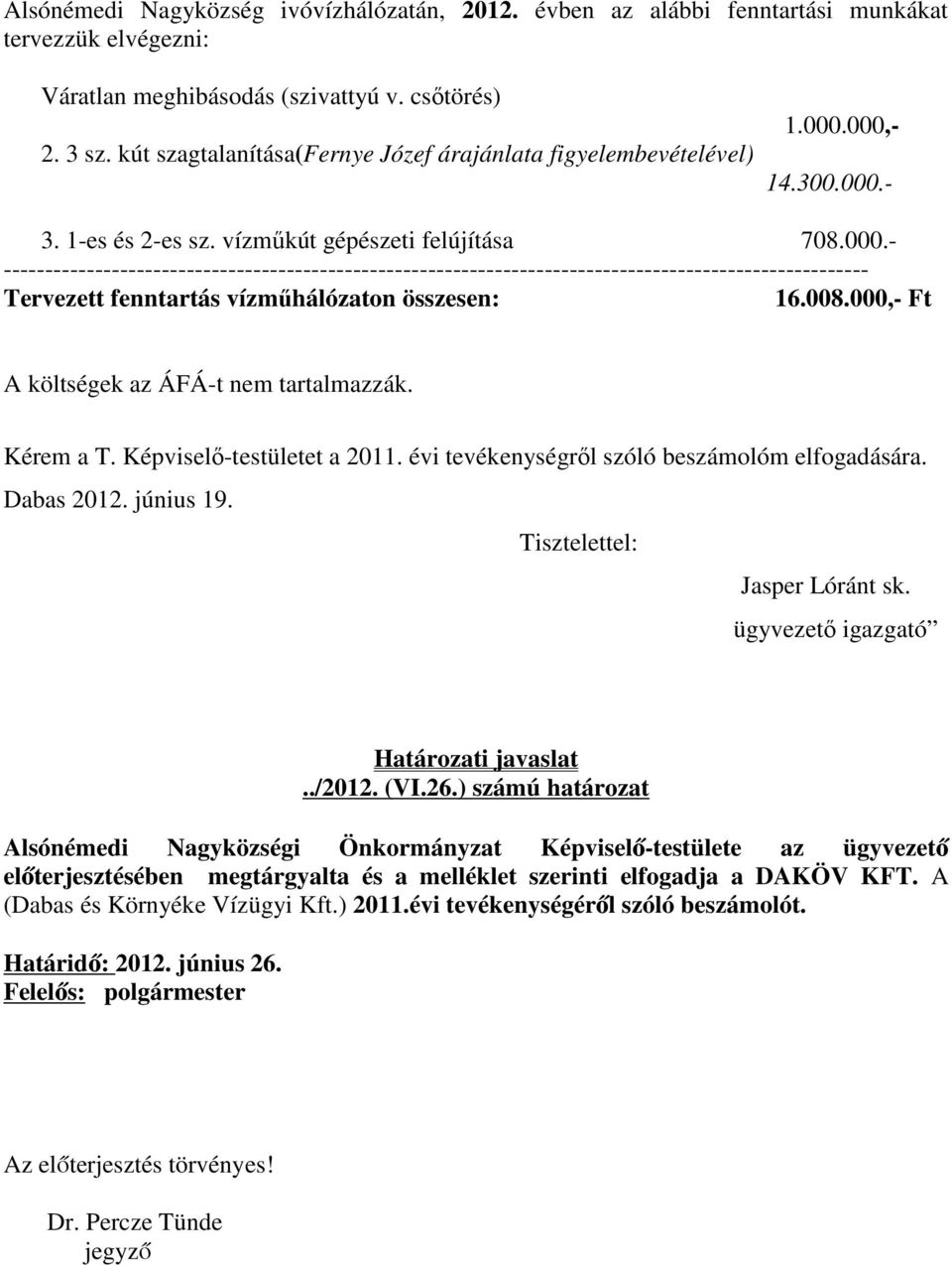 000,- 14.300.000.- 3. 1-es és 2-es sz. vízmőkút gépészeti felújítása 708.000.- -------------------------------------------------------------------------------------------------------- Tervezett fenntartás vízmőhálózaton összesen: 16.