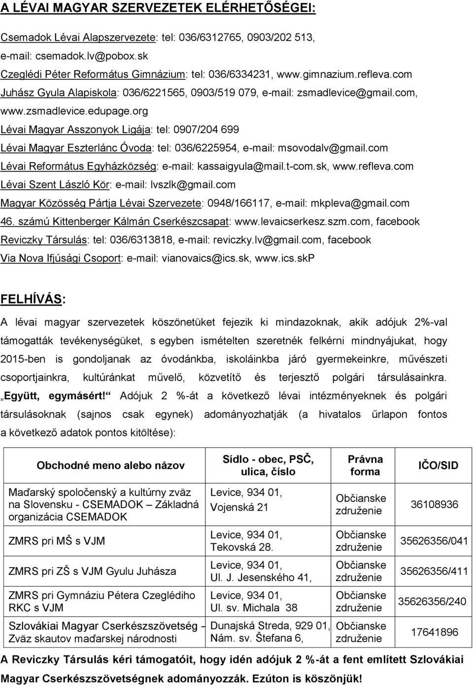 org Lévai Magyar Asszonyok Ligája: tel: 0907/204 699 Lévai Magyar Eszterlánc Óvoda: tel: 036/6225954, e-mail: msovodalv@gmail.com Lévai Református Egyházközség: e-mail: kassaigyula@mail.t-com.sk, www.