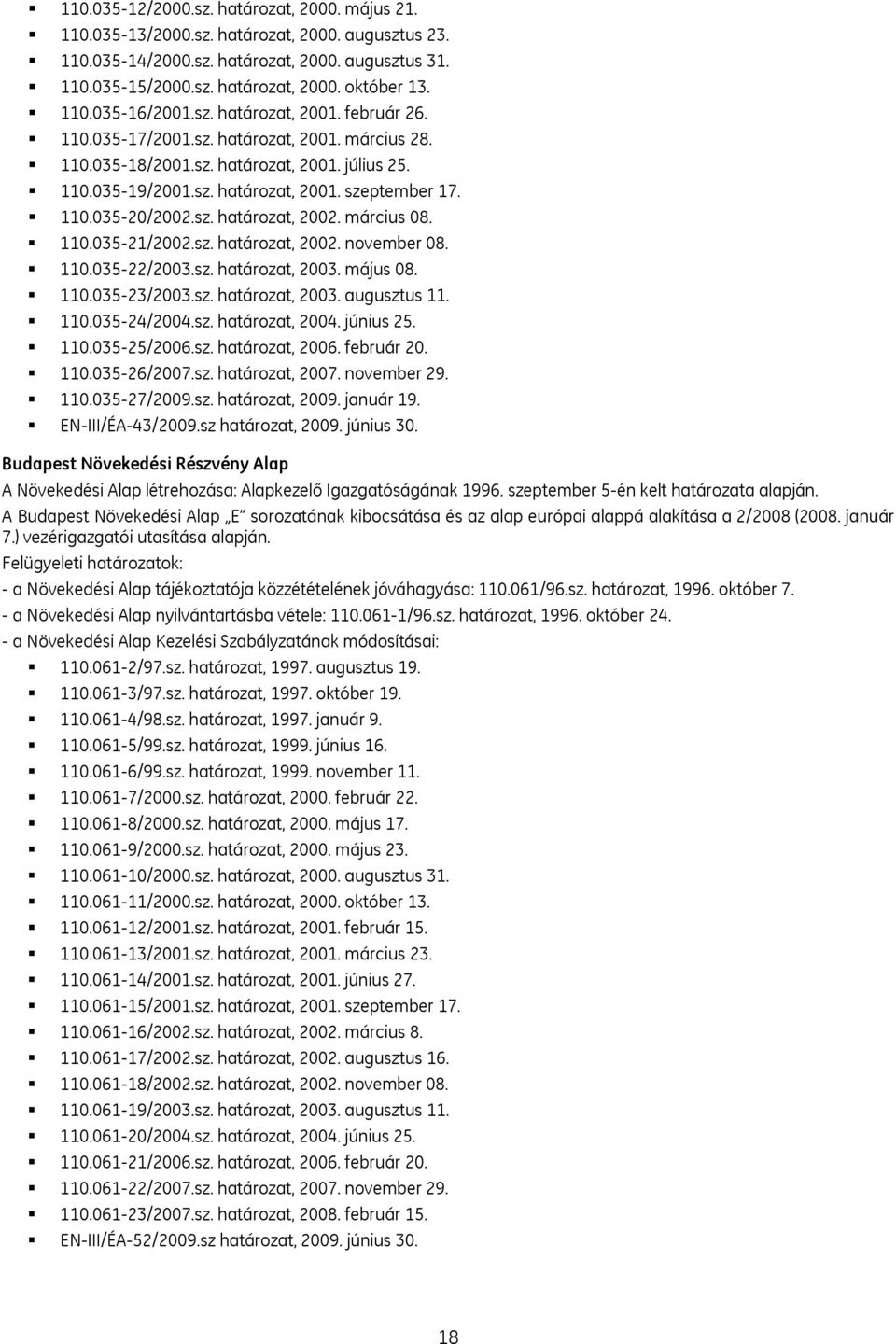 110.035-20/2002.sz. határozat, 2002. március 08. 110.035-21/2002.sz. határozat, 2002. november 08. 110.035-22/2003.sz. határozat, 2003. május 08. 110.035-23/2003.sz. határozat, 2003. augusztus 11.