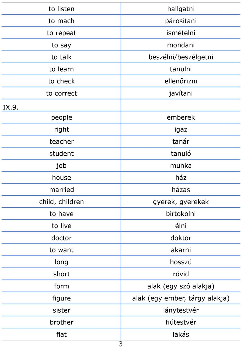 ismételni mondani beszélni/beszélgetni tanulni ellenőrizni javítani emberek igaz tanár tanuló munka ház házas gyerek,