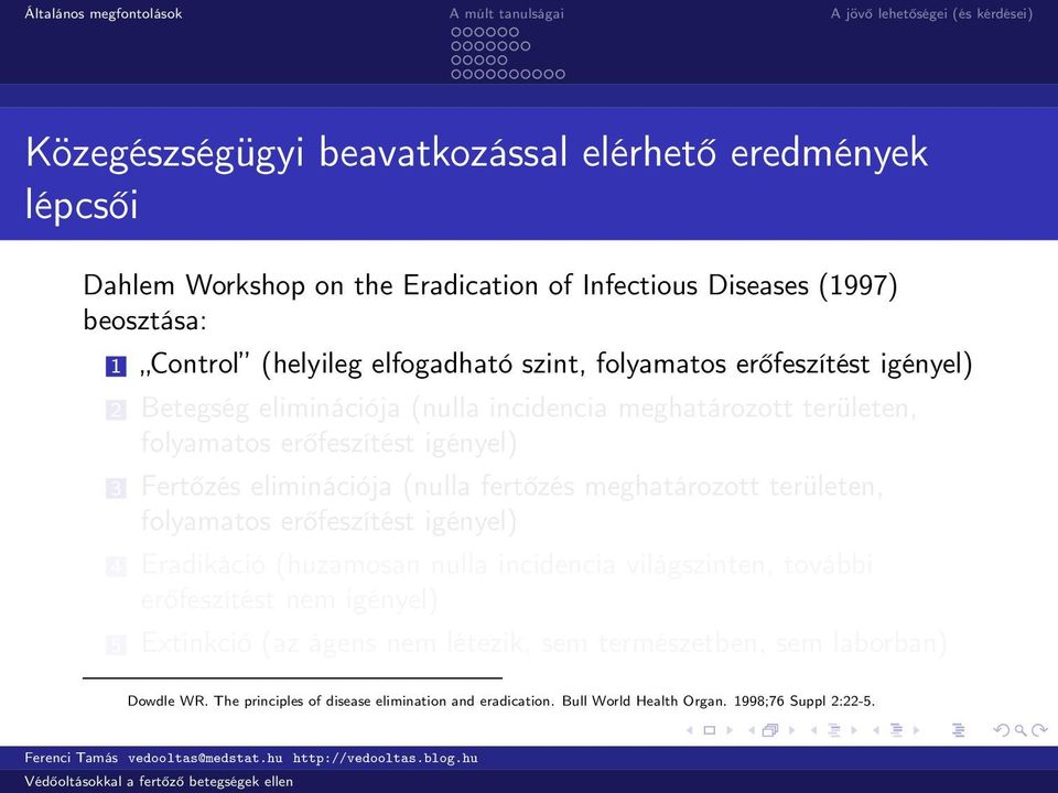 (nulla fertőzés meghatározott területen, folyamatos erőfeszítést igényel) 4 Eradikáció (huzamosan nulla incidencia világszinten, további erőfeszítést nem igényel) 5