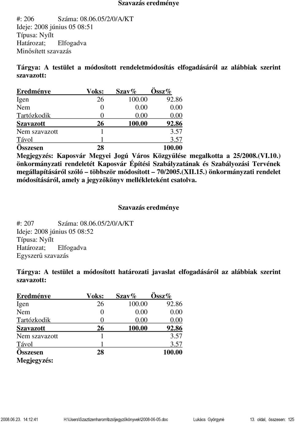 (XII.15.) önkormányzati rendelet módosításáról, amely a jegyzőkönyv mellékleteként csatolva. #: 207 Száma: 08.06.