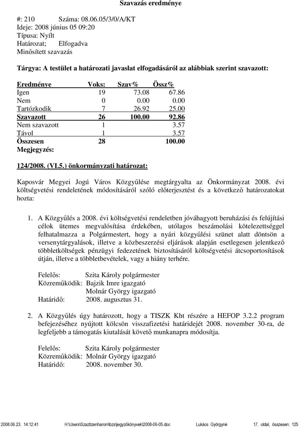 évi költségvetési rendeletének módosításáról szóló előterjesztést és a következő határozatokat hozta: 1. A Közgyűlés a 2008.