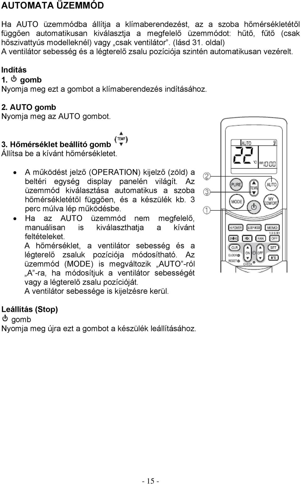 AUTO gomb Nyomja meg az AUTO gombot. 3. Hőmérséklet beállító gomb Állítsa be a kívánt hőmérsékletet. A működést jelző (OPERATION) kijelző (zöld) a beltéri egység display panelén világít.