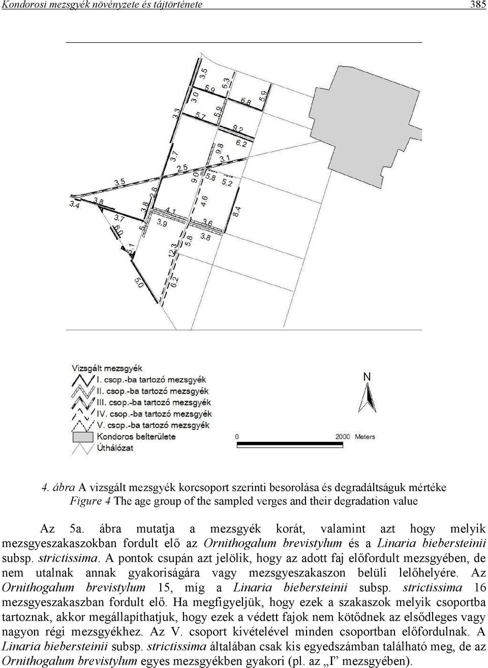 ábra mutatja a mezsgyék korát, valamint azt hogy melyik mezsgyeszakaszokban fordult elő az Ornithogalum brevistylum és a Linaria biebersteinii subsp. strictissima.