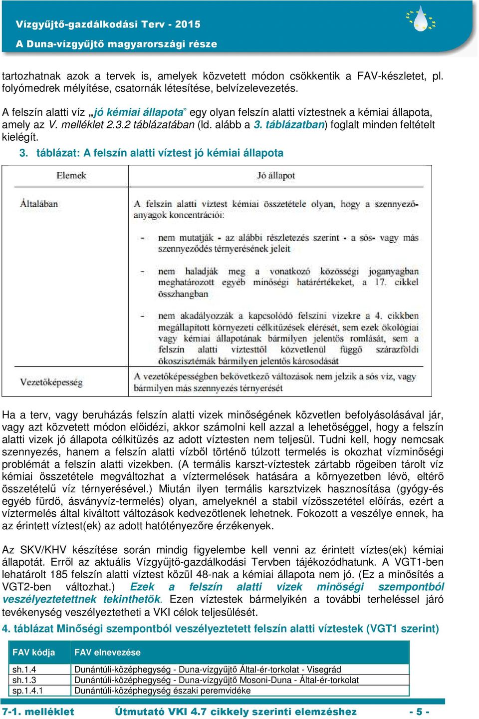 3. táblázat: A felszín alatti víztest jó kémiai állapota Ha a terv, vagy beruházás felszín alatti vizek minőségének közvetlen befolyásolásával jár, vagy azt közvetett módon előidézi, akkor számolni