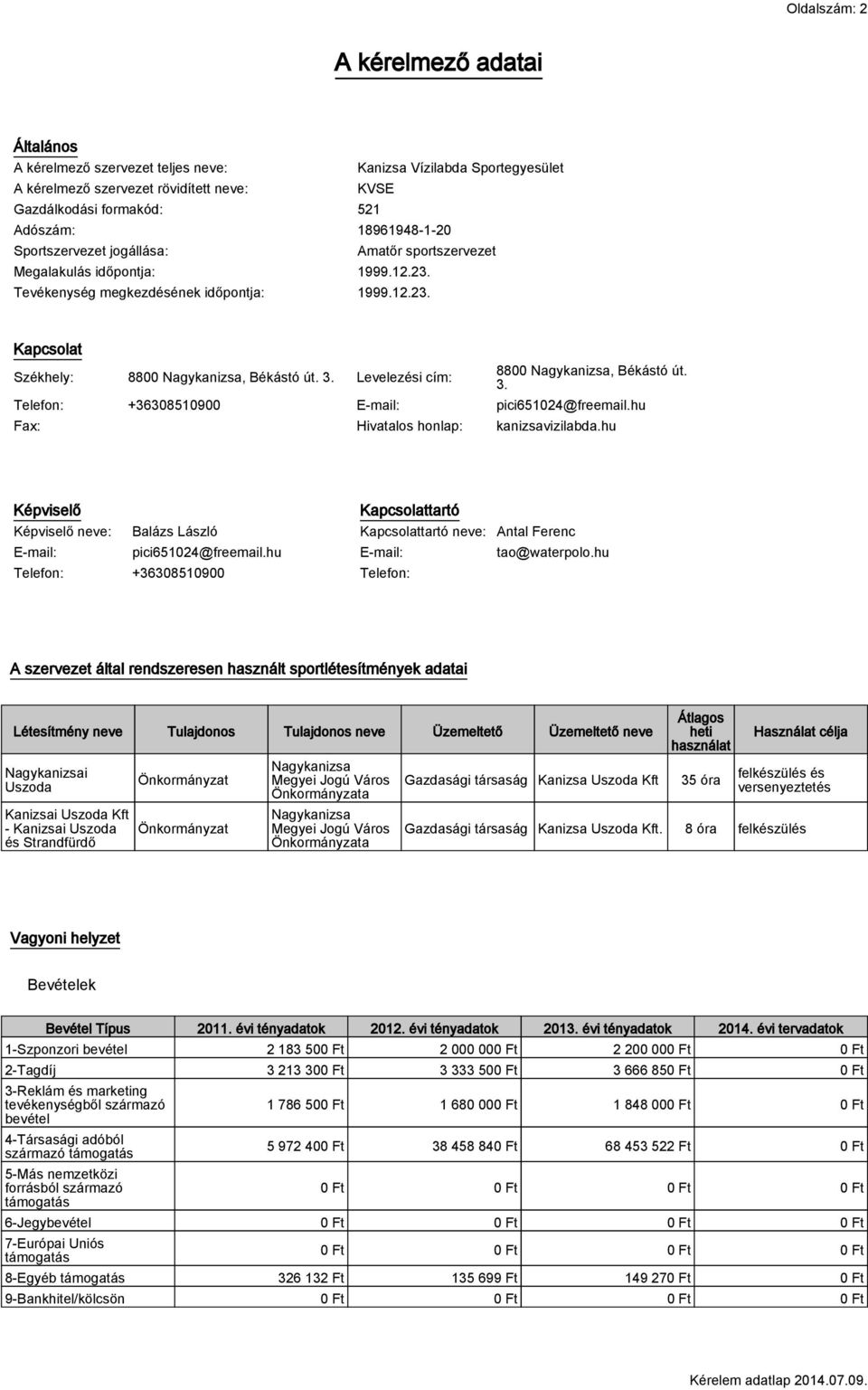 Levelezési cím: 8800 Nagykanizsa, Békástó út. 3. Telefon: +36308510900 E-mail: pici651024@freemail.hu Fax: Hivatalos honlap: kanizsavizilabda.