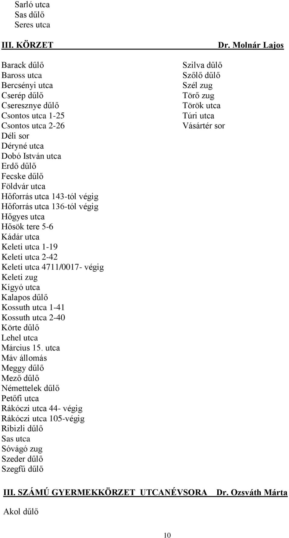 143-tól végig Hőforrás utca 136-tól végig Hőgyes utca Hősök tere 5-6 Kádár utca Keleti utca 1-19 Keleti utca 2-42 Keleti utca 4711/0017- végig Keleti zug Kígyó utca Kalapos dűlő Kossuth utca 1-41